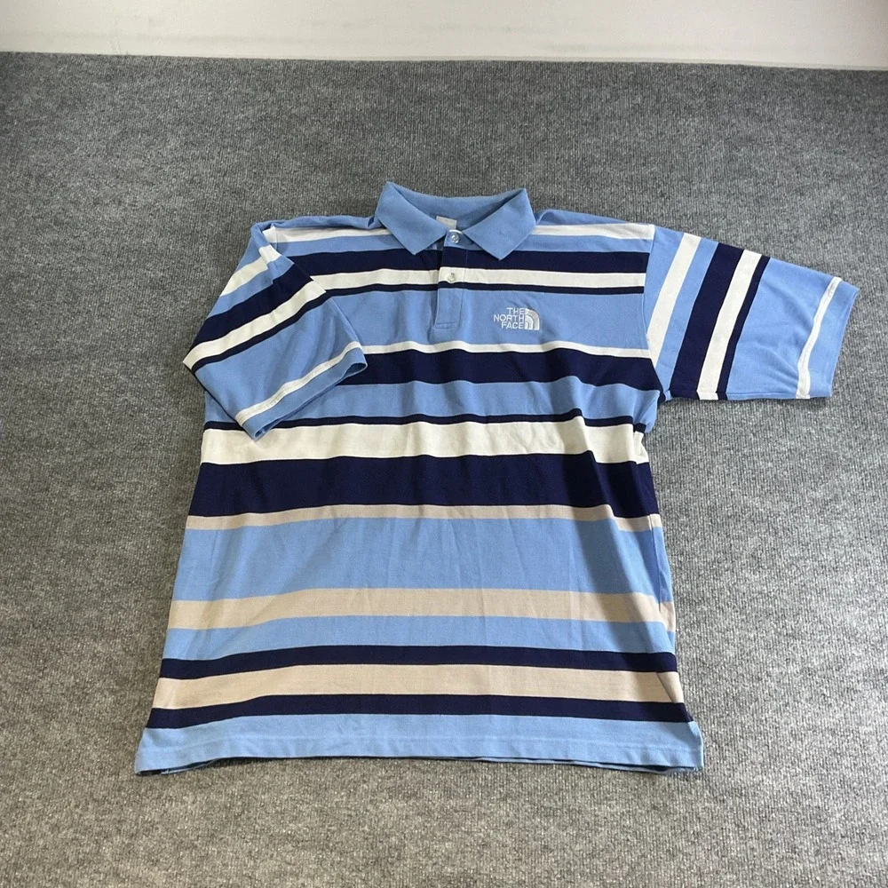 The North Face Mens Striped Polo Shirt Blue Navy White Size 7 XL Short Sleeve